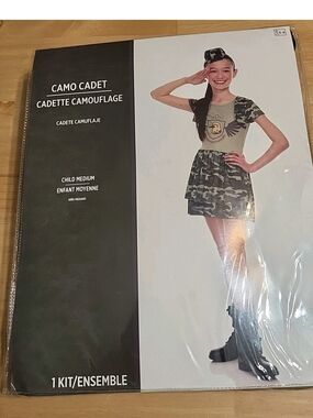 Camo Army Cadet Military Girl's Halloween Costume Hat & Dress Medium 6-8 #3099